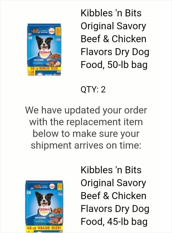 Kibbles 'n Bits dog food replacement from 50-lb to 45-lb bag as an example of sneakflation product changes.