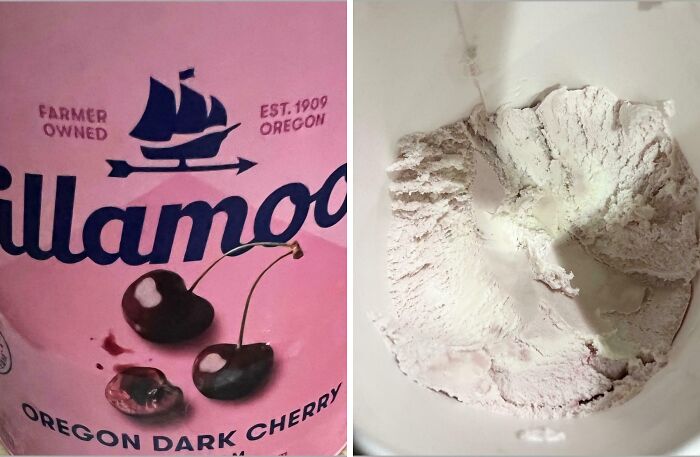Packaging of Tillamook Oregon Dark Cherry ice cream next to a scoop taken from the container, highlighting sneakflation example.
