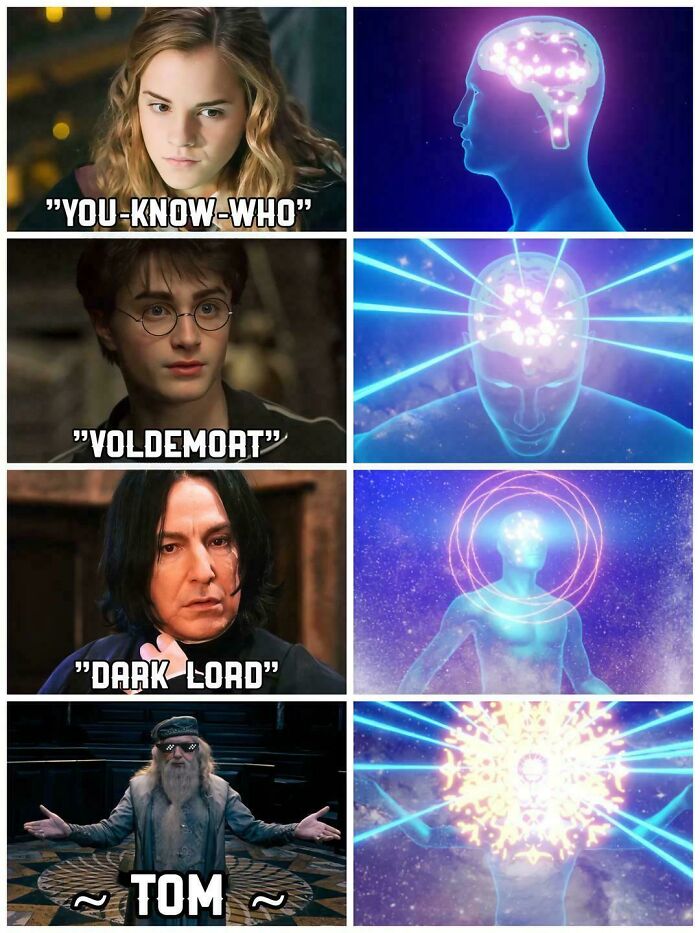 Harry Potter memes comparing different names for Voldemort alongside expanding brain illustrations in a humorous layout.