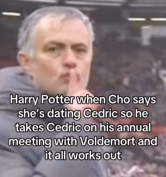 Man with finger to lips, humorous Harry Potter meme about Cho, Cedric, and Voldemort, perfect for cozy Gryffindor common room fans.