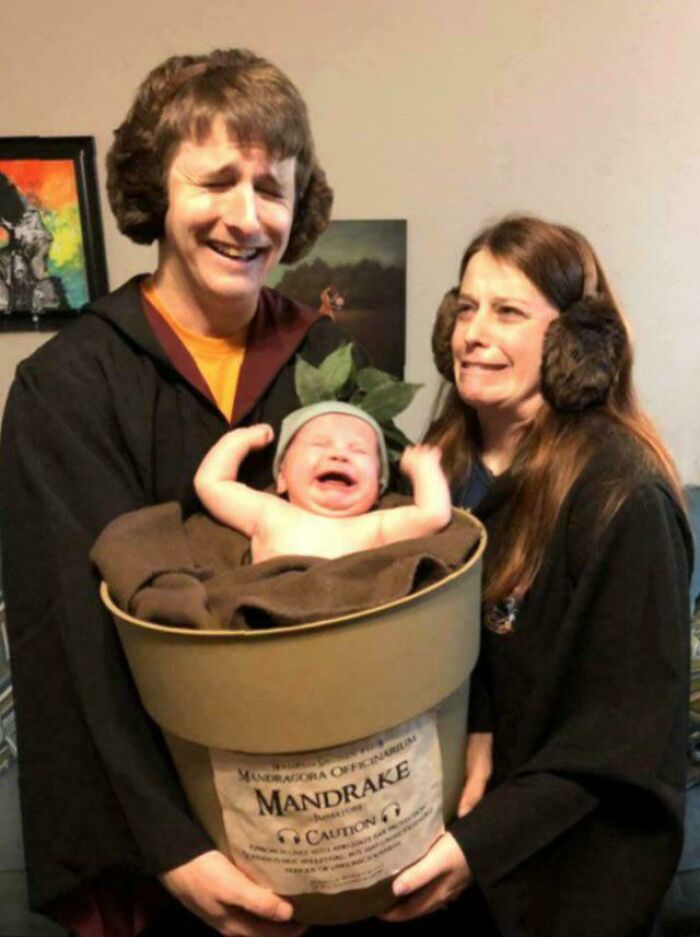 Couple dressed in Harry Potter costumes holding a crying baby in a Mandrake plant pot, a funny Harry Potter meme moment.