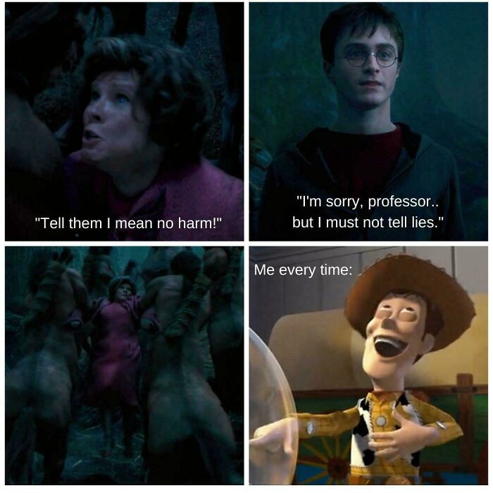 Harry Potter meme with characters in a dark scene and a laughing Woody toy illustrating a funny reaction moment.