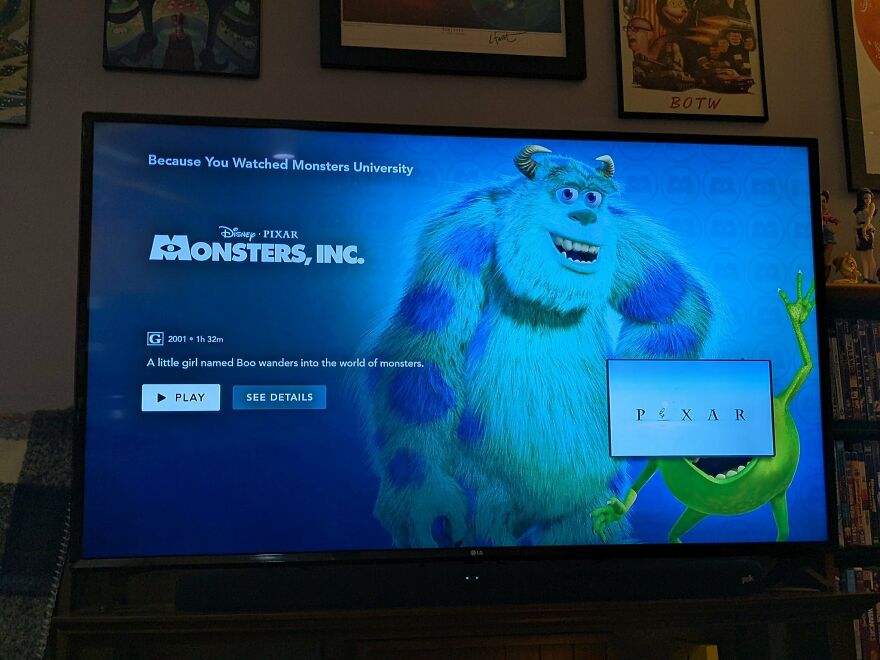 TV screen showing Monsters, Inc. movie details with colorful characters, illustrating moments people knew exactly what they were doing.