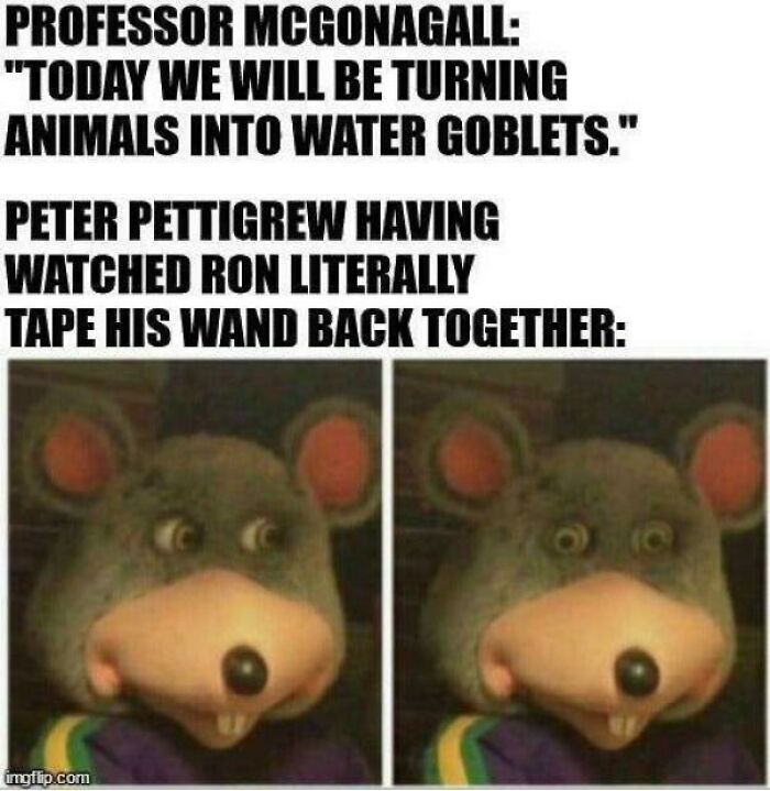 Funny Harry Potter meme showing Peter Pettigrew's shocked reaction to Ron taping his wand back together.