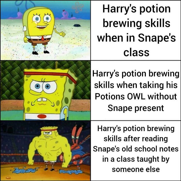 SpongeBob meme illustrating Harry Potter’s potion brewing skills improving from Snape’s class to using old notes.