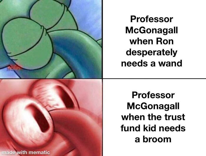 Squidward reacting differently in two panels, paired with humorous Harry Potter meme text about Professor McGonagall.