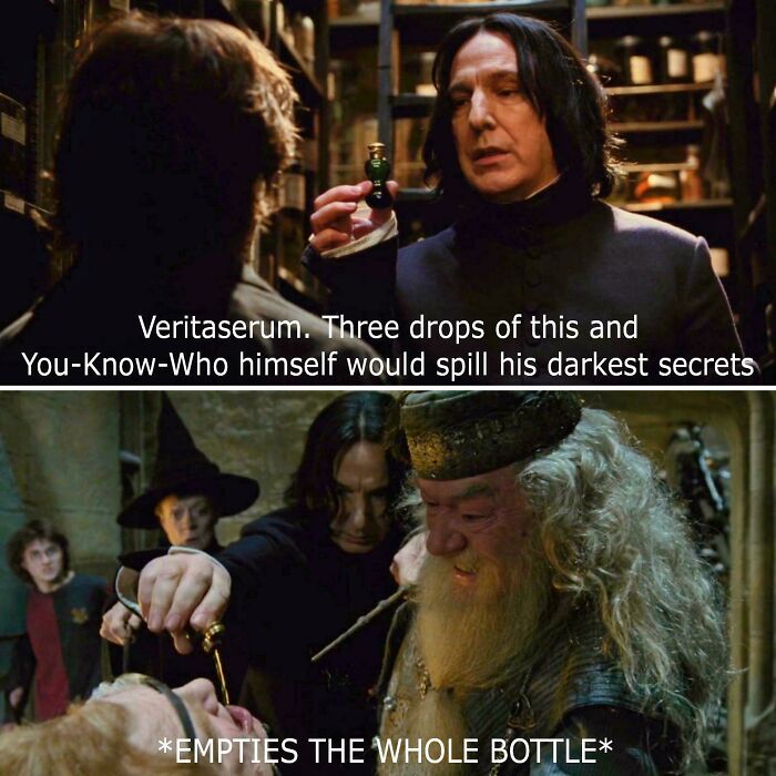 Severus Snape showing Veritaserum potion with Harry Potter characters in a humorous Harry Potter meme scene.