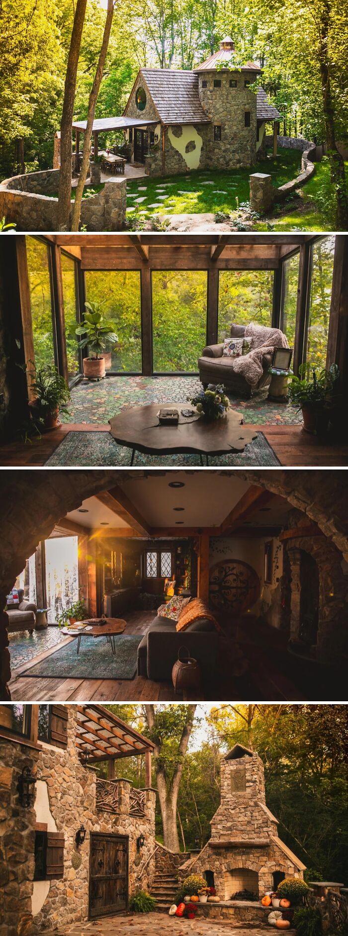 Stone cottage exterior and cozy rustic interior with wood furniture and nature views, showcasing cottage core aesthetics.