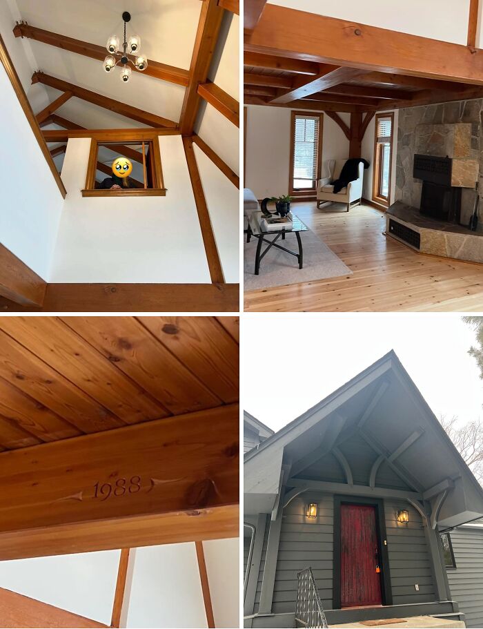 Cozy cottage core aesthetic featuring wooden beams, stone fireplace, and charming rustic exterior with red door.