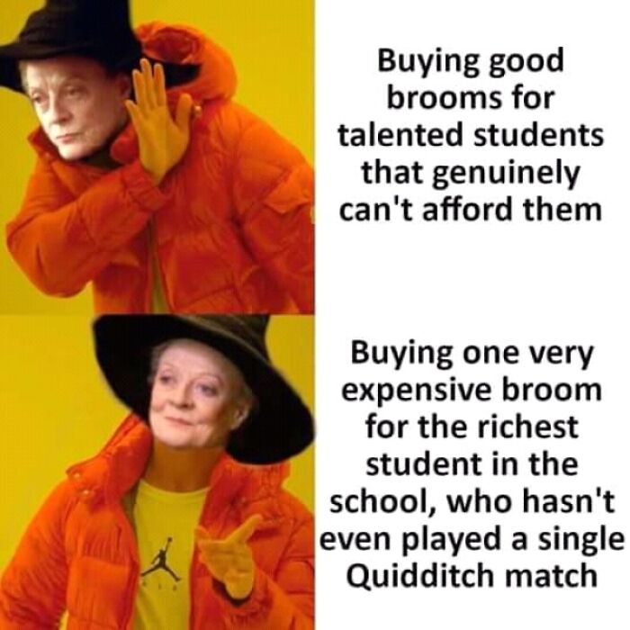 Harry Potter meme comparing buying brooms for talented students versus the richest student in the school.