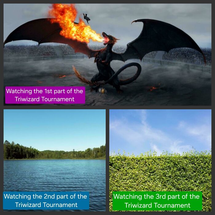 Fire-breathing dragon and calm lake scenes representing different Harry Potter Triwizard Tournament moments meme.