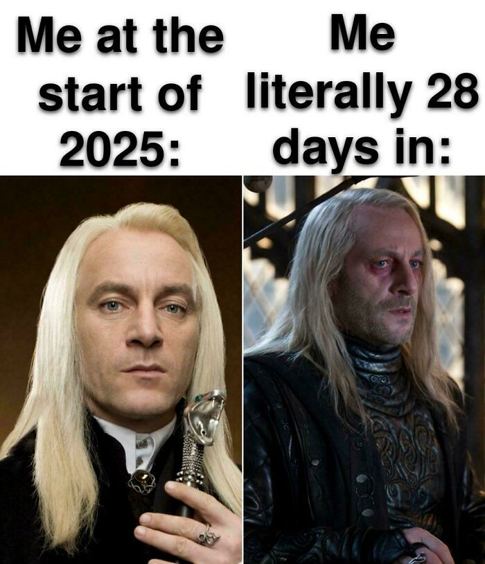 Side-by-side Harry Potter memes showing a character looking fresh then tired after 28 days, perfect for Harry Potter memes fans.