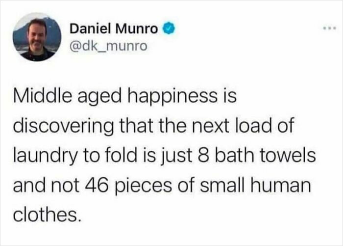 Tweet about middle aged happiness and laundry, featured in a collection of really dumb tweets to make you laugh or lose faith.