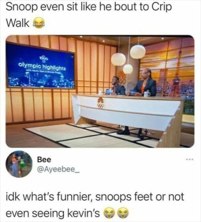 Snoop Dogg sitting like he's about to Crip Walk on an Olympic highlights set, funny moments from dumb tweets.