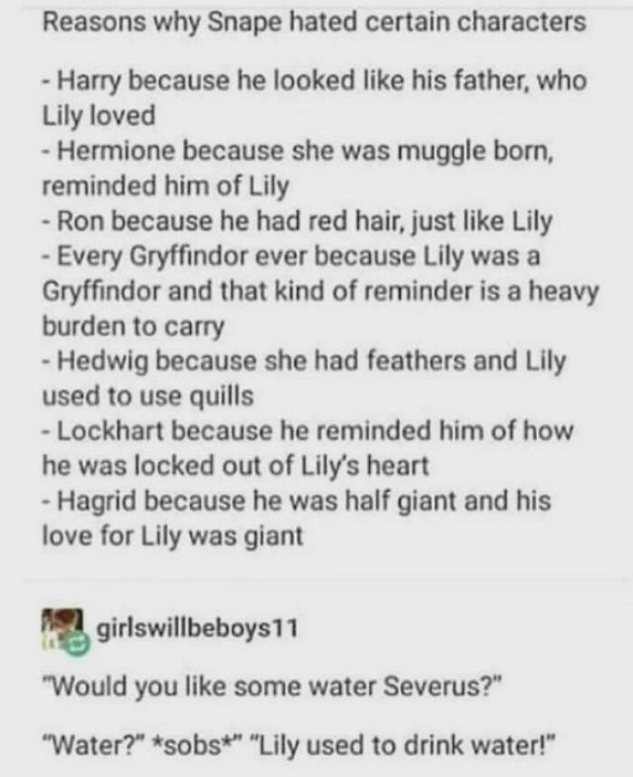 Text meme listing reasons Snape hated characters, featuring Harry Potter memes about Gryffindor and Severus Snape emotions.
