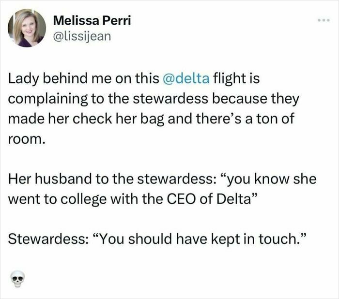 Tweet showing a funny airline complaint about a woman and stewardess, part of really dumb tweets to make you laugh.