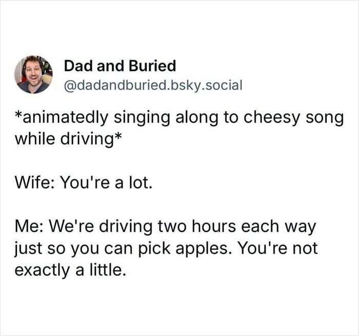 Funny really dumb tweets about driving and apple picking, showcasing humorous everyday relationship moments.