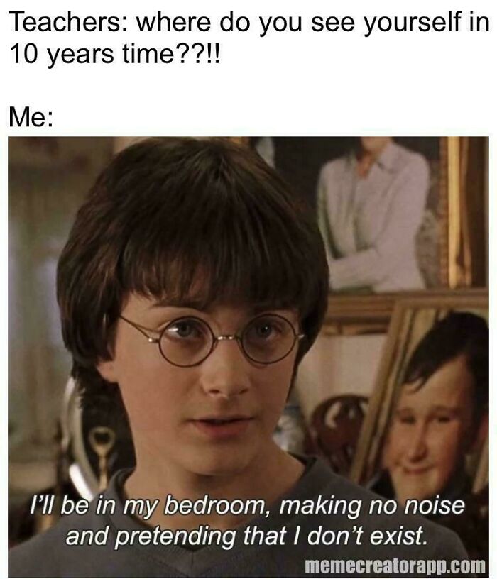 Harry Potter meme showing a young wizard with round glasses humorously answering a teacher's question about the future.