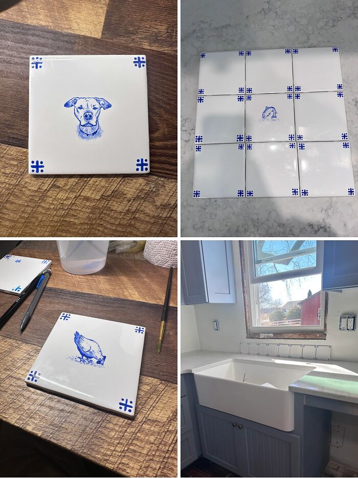 Hand-painted blue and white tiles with animal designs being installed in a kitchen, showcasing cottage core aesthetics.