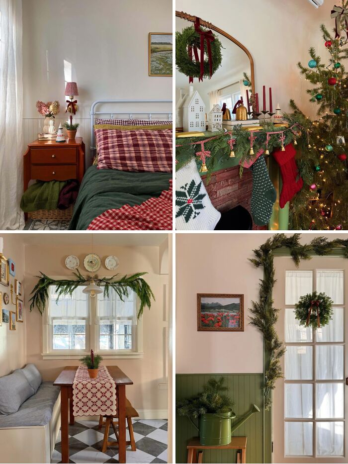 Cozy cottage core aesthetic interiors with rustic furniture, greenery, and festive decorations in a warm, inviting setting.