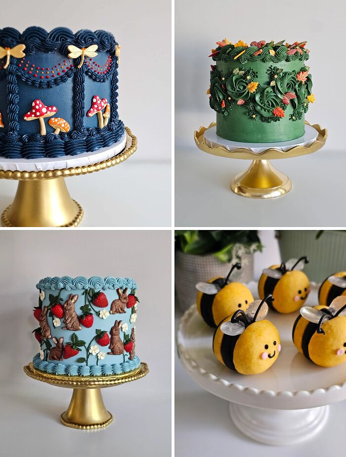 Four whimsical cakes and desserts featuring cottage core aesthetics with nature-inspired decorations on elegant cake stands.