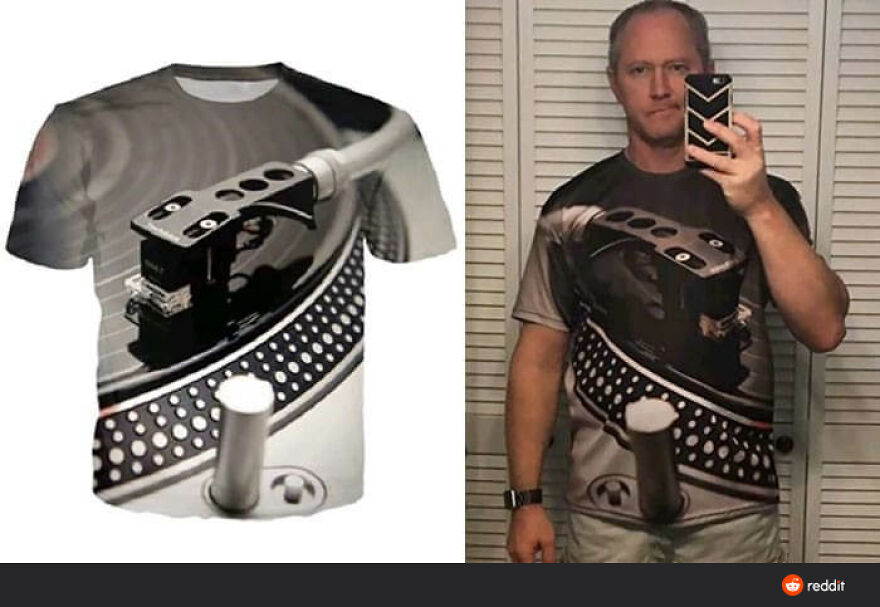 Man wearing a t-shirt with a realistic turntable design, showcasing people who knew exactly what they were doing.
