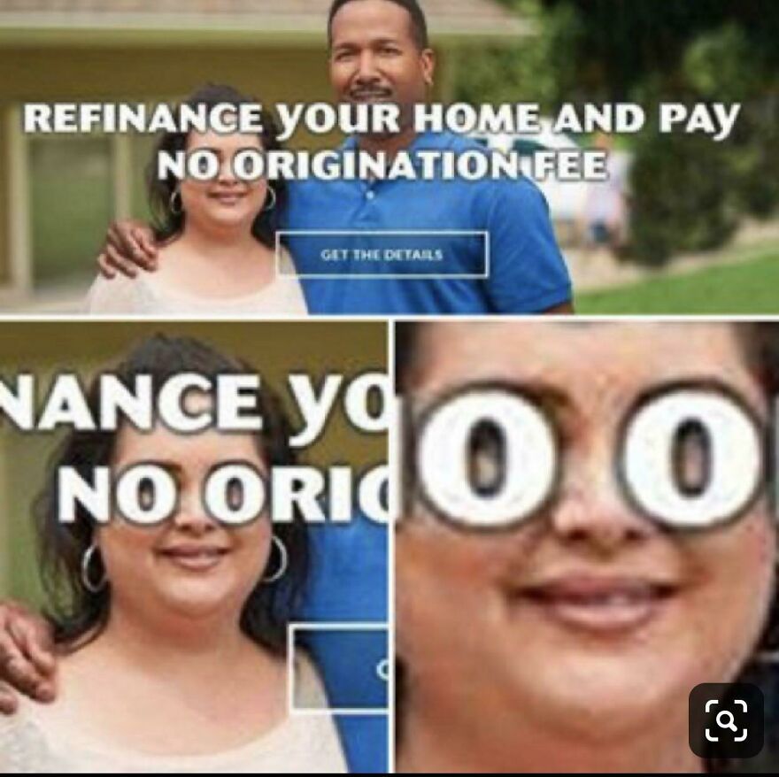 Couple posing for a refinance home ad with text overlay and zoomed-in eyes edited to emphasize no origination fee.