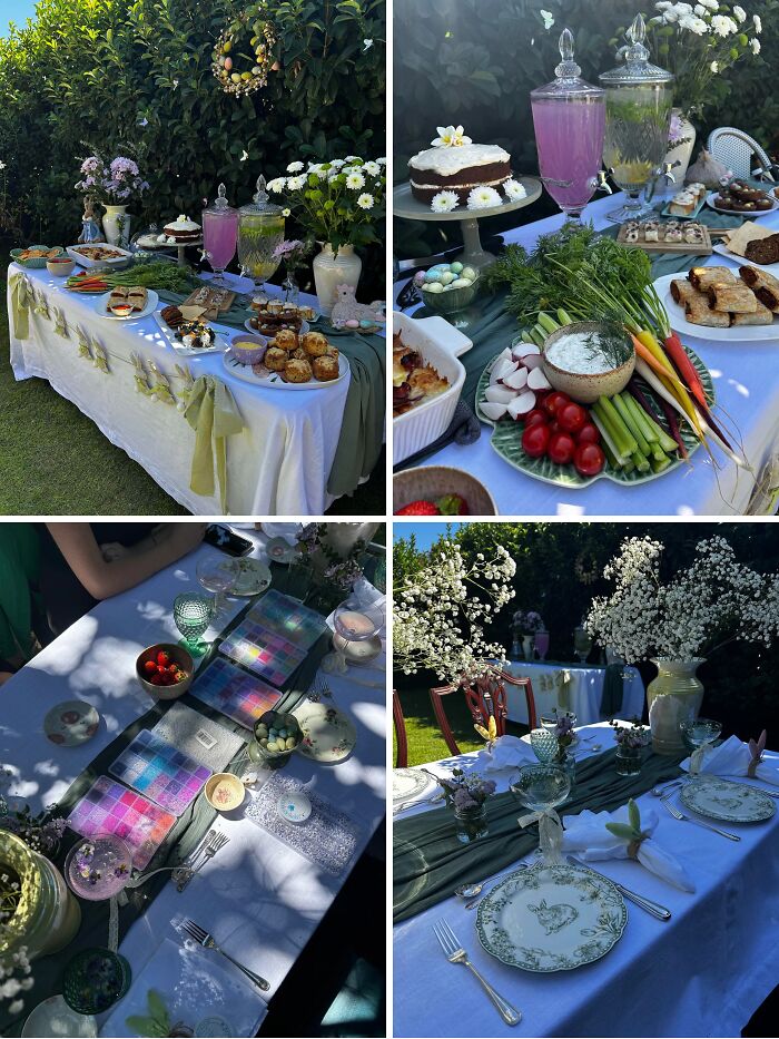 Outdoor cottage core aesthetics picnic setup with vintage tableware, fresh flowers, and rustic garden food display.
