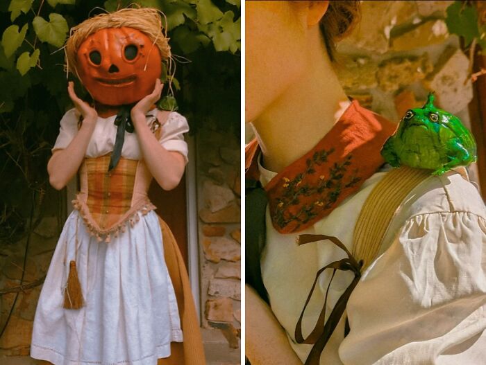 Person in cottage core outfit with pumpkin head outdoors and close-up of vintage-inspired collar and frog accessory