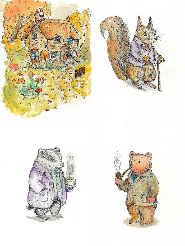 Watercolor illustrations of a cottage and woodland animals dressed in vintage clothing, embodying cottage core aesthetics.
