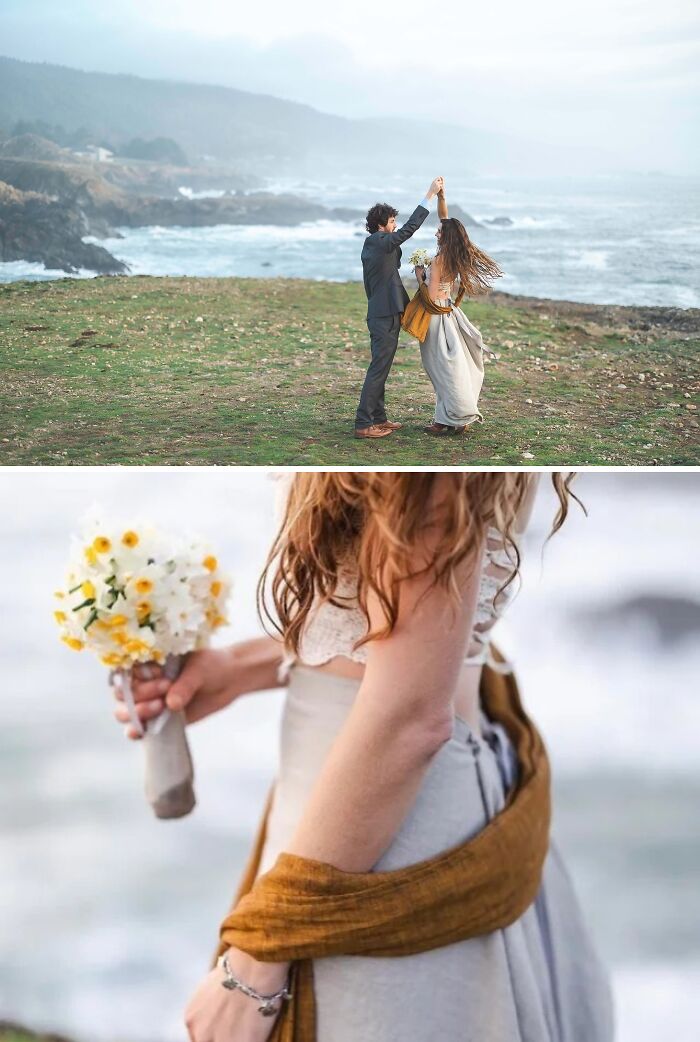Couple dancing by the sea and close-up of a woman holding flowers showcasing cottage core aesthetics style.