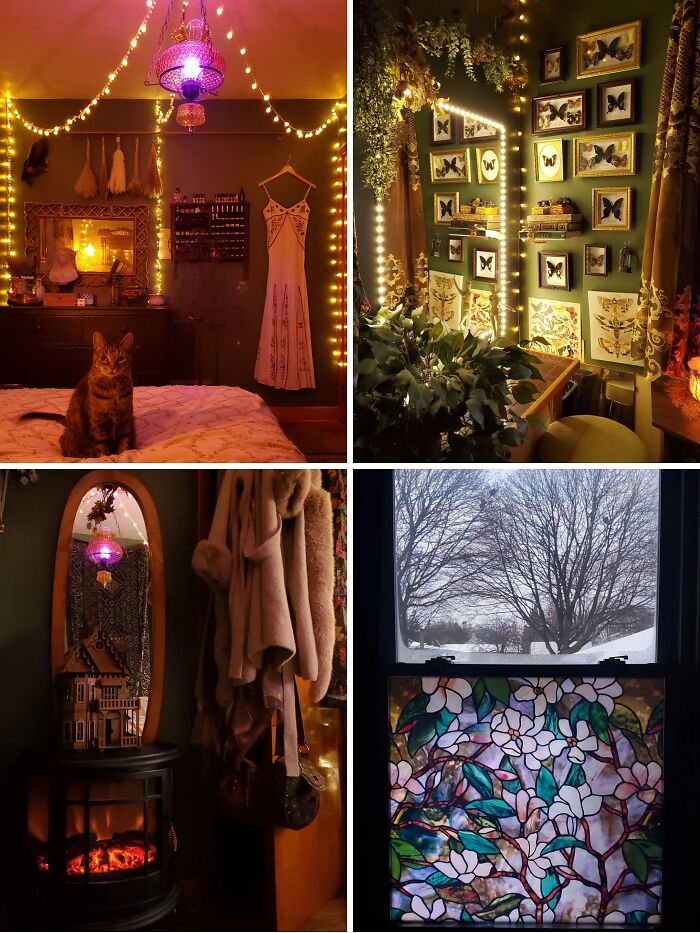 Cozy cottage core aesthetics featuring warm lighting, vintage decor, butterfly art, and stained glass window scenes.