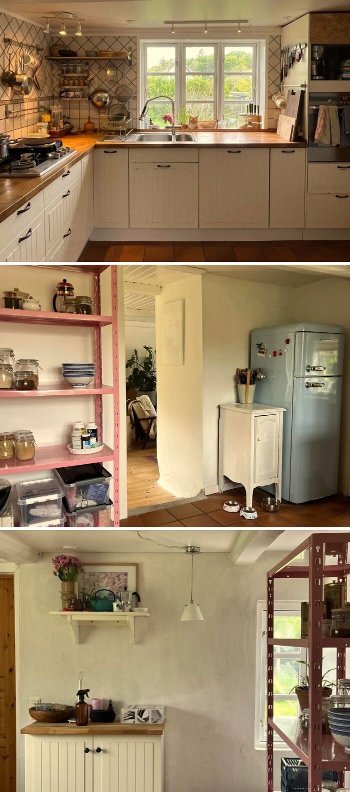 Cozy kitchen interior with cottage core aesthetics featuring wooden countertops, vintage fridge, and pastel shelving.