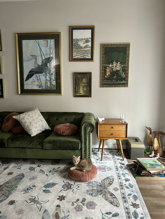 Cozy living room featuring cottage core aesthetics with vintage artwork, green velvet sofa, and floral patterned rug with cat.