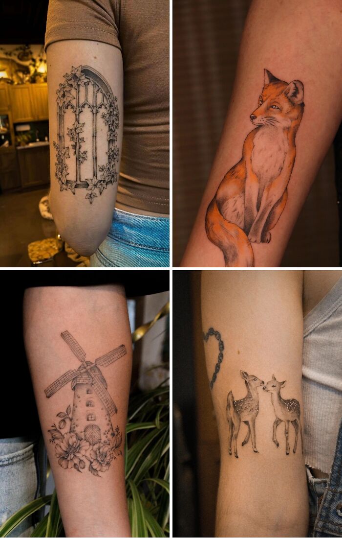 Collage of cottage core tattoos including ivy-covered window, fox, windmill, and two deer, showcasing whimsical cottage core aesthetics.