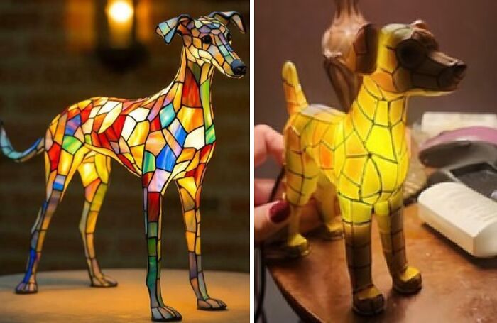 Two stained glass dog lamps side by side, showcasing a clear difference in design quality from careless online shopping backfiring.