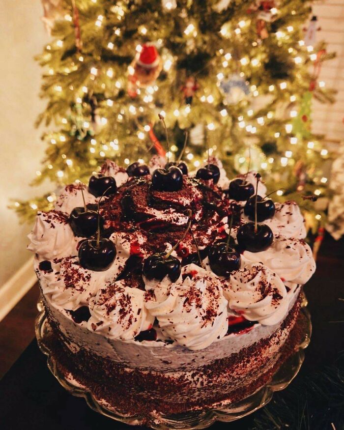 Chocolate cherry cake with whipped cream, set against a warm cozy background reflecting cottage core aesthetics.