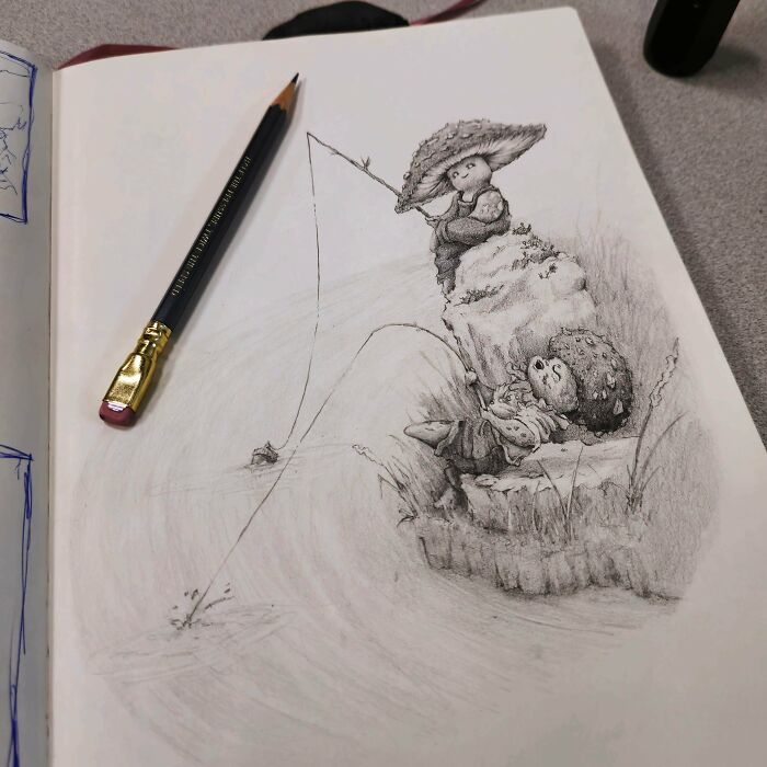 Pencil sketch of whimsical woodland creatures fishing by a pond, capturing charming cottage core aesthetics.