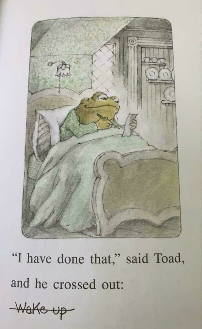 Toad writing in bed in a cozy room illustrating whimsical cottage core aesthetics with soft pastel colors.