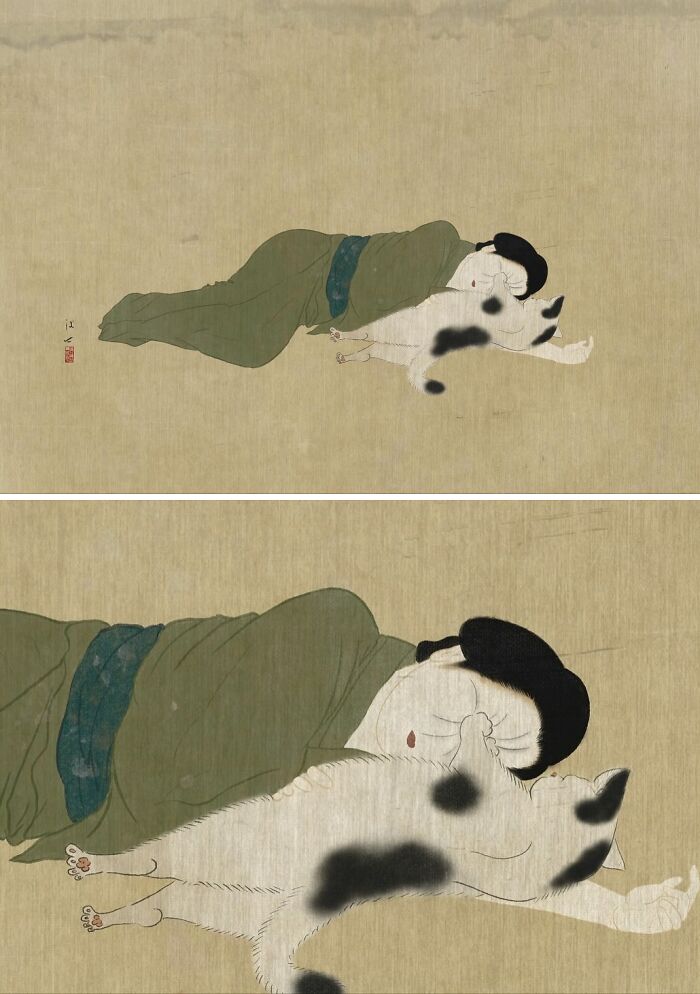 Japanese artist painting shows traditional painting style with a person and cat depicted in soft, muted colors on a textured background.