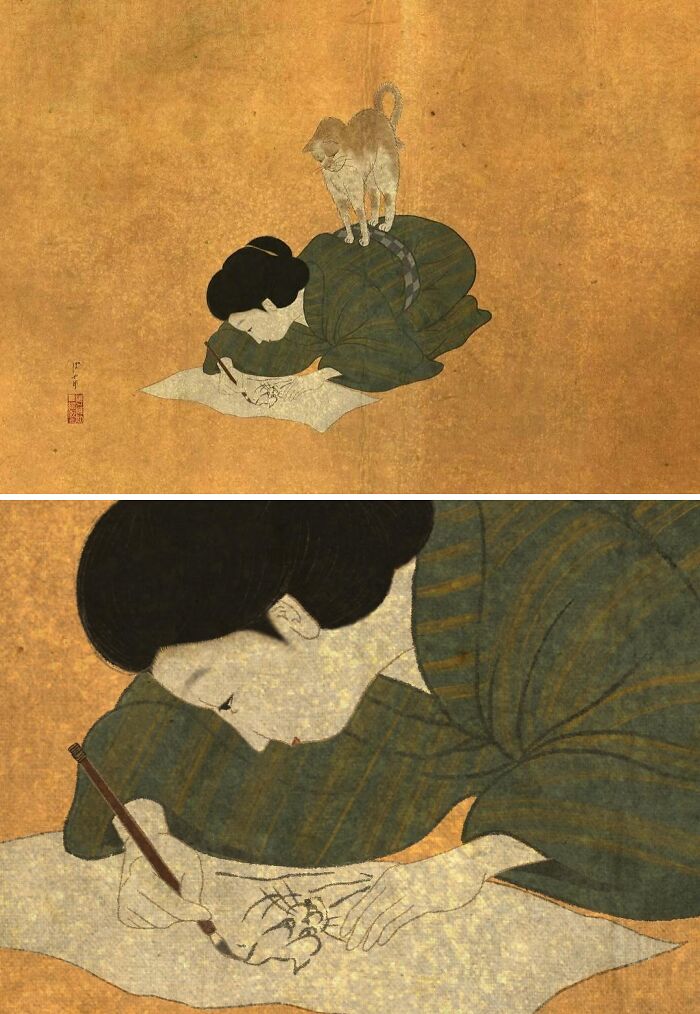 Japanese artist using traditional painting styles depicts woman drawing with a cat on her back in modern art.