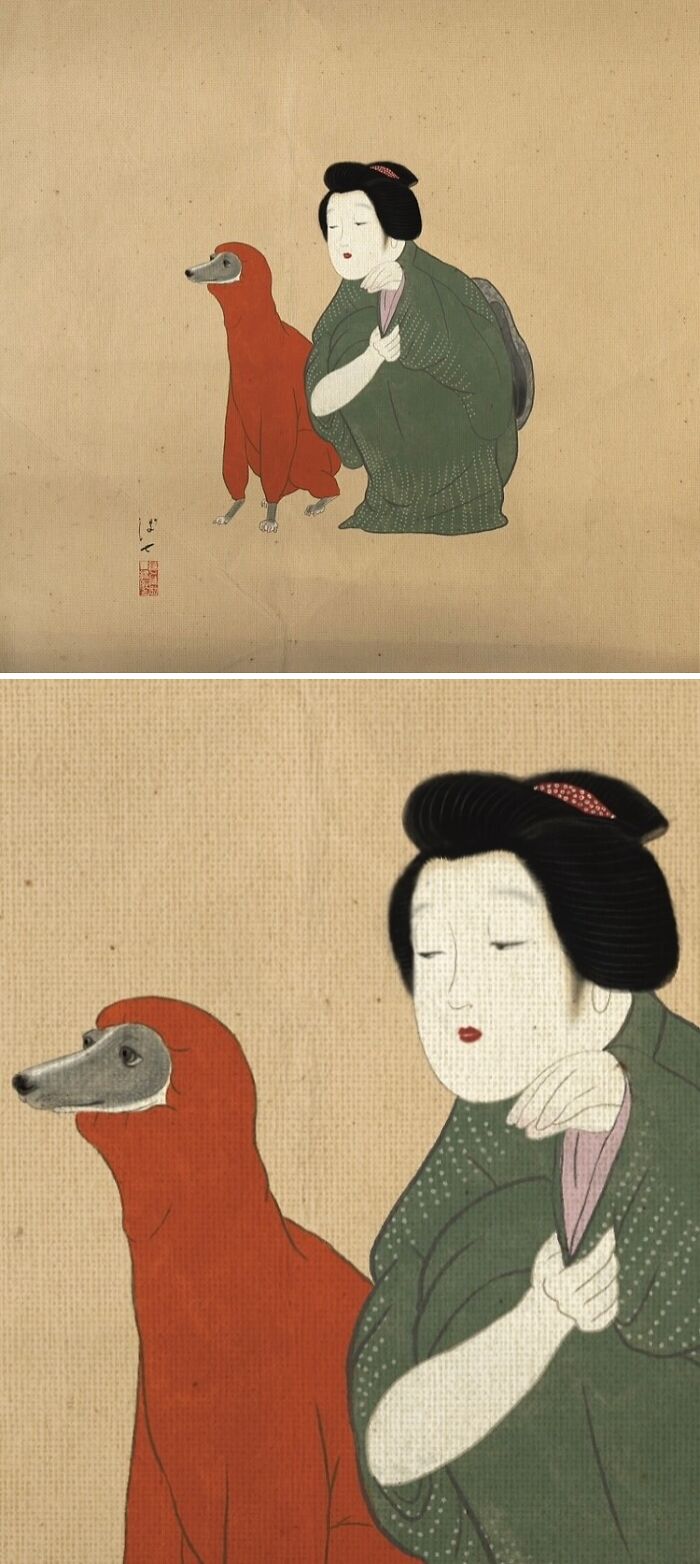 Traditional Japanese painting style depicting a woman in green kimono with a dog in a red cloak on neutral background.