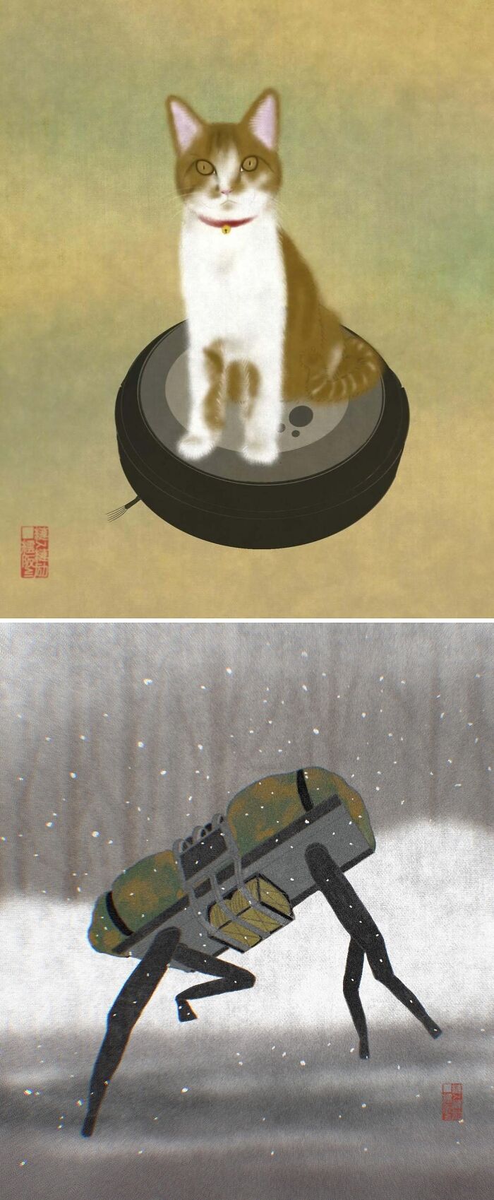 Traditional Japanese painting style depicting a cat on a robotic vacuum and a mechanical walker in a snowy scene.
