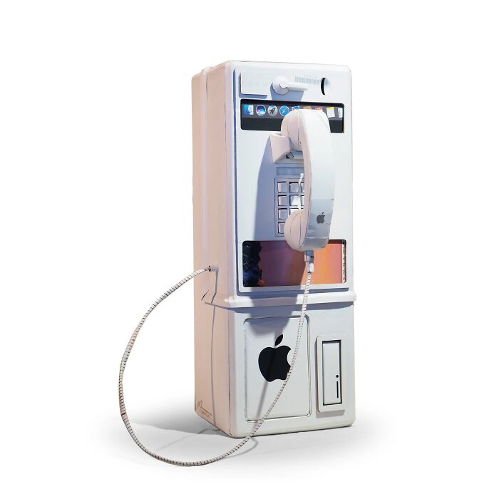 Artwork of a payphone repurposed with Apple design elements, showcasing waste turned into witty commentary on modern life.