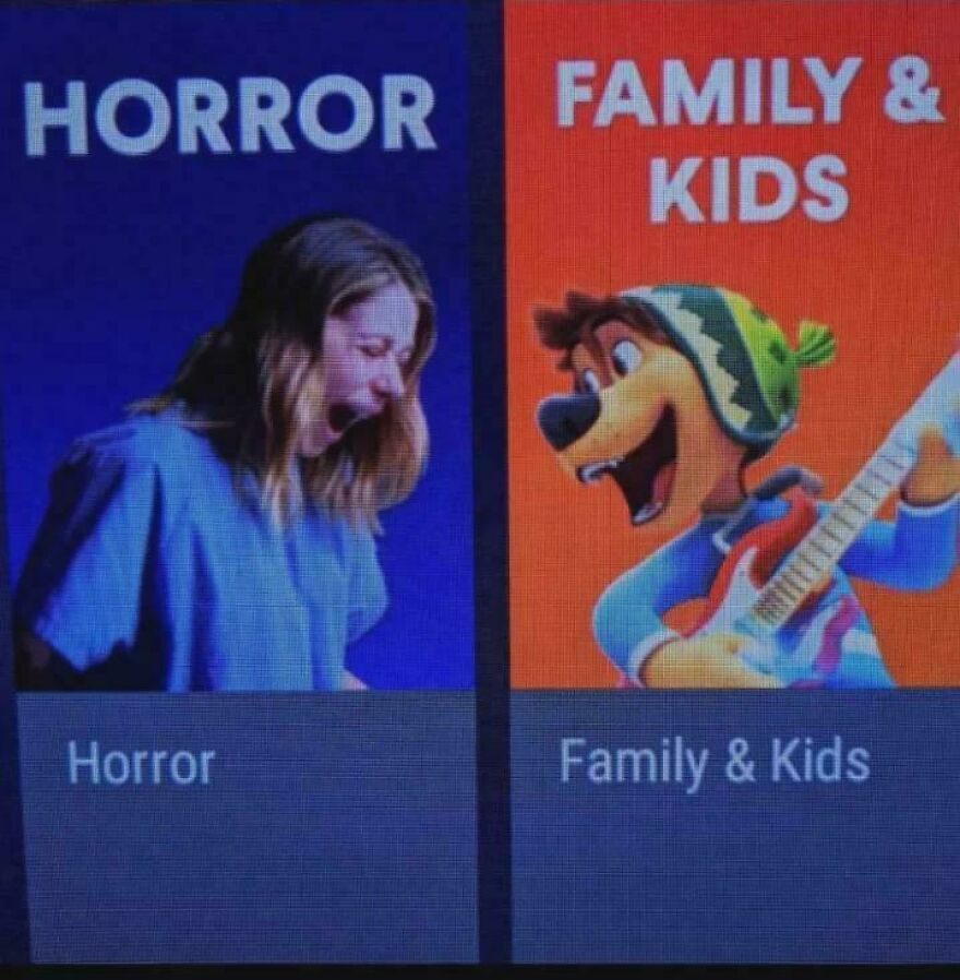 Horror movie selection showing a screaming woman next to family and kids category with an animated character playing guitar.