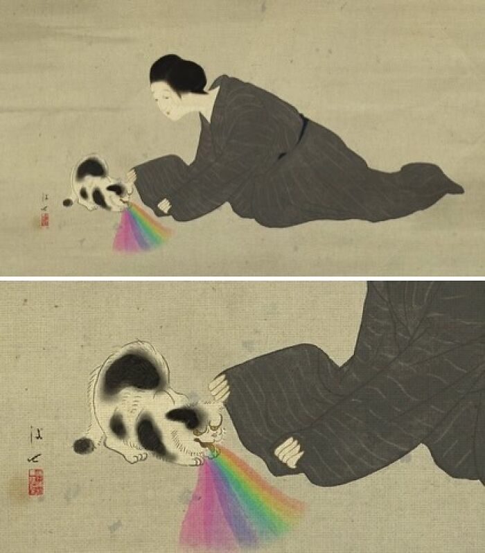 Traditional Japanese painting style showing a woman and cat with rainbow colors in a modern artistic interpretation.