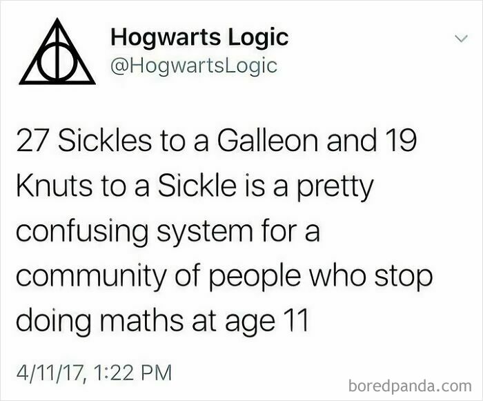 Harry Potter meme about confusing wizarding currency involving Sickles, Galleons, and Knuts in the magical world.