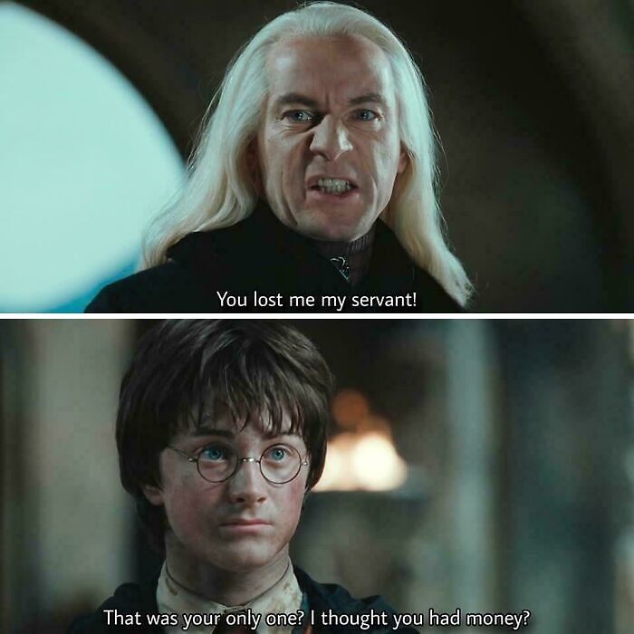 Harry Potter meme featuring Draco Malfoy angrily talking to Harry in a humorous Gryffindor common room setting.