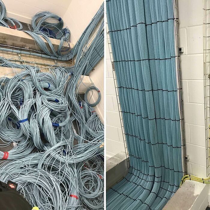 Before and after cleaning photo showing tangled wires transformed into neatly organized and secured cables along a wall.
