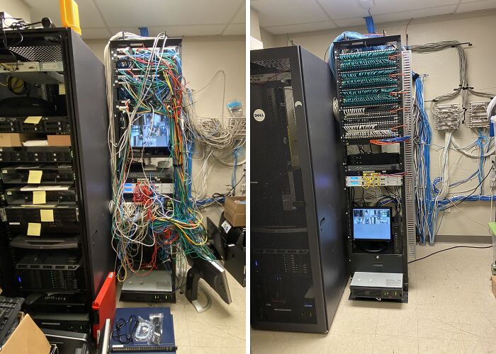 Before and after cleaning photo showing a tangled messy server room transformed into a neatly organized network rack.